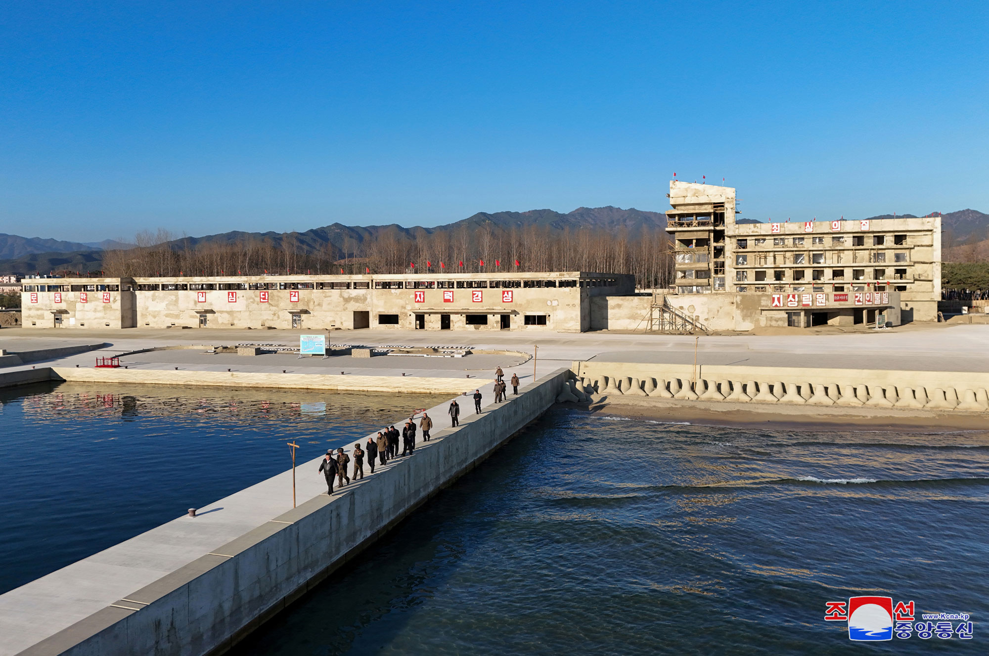 President of State Affairs Kim Jong Un inspects Sinpho City Offshore Farm in South Hamgyong Province under construction 