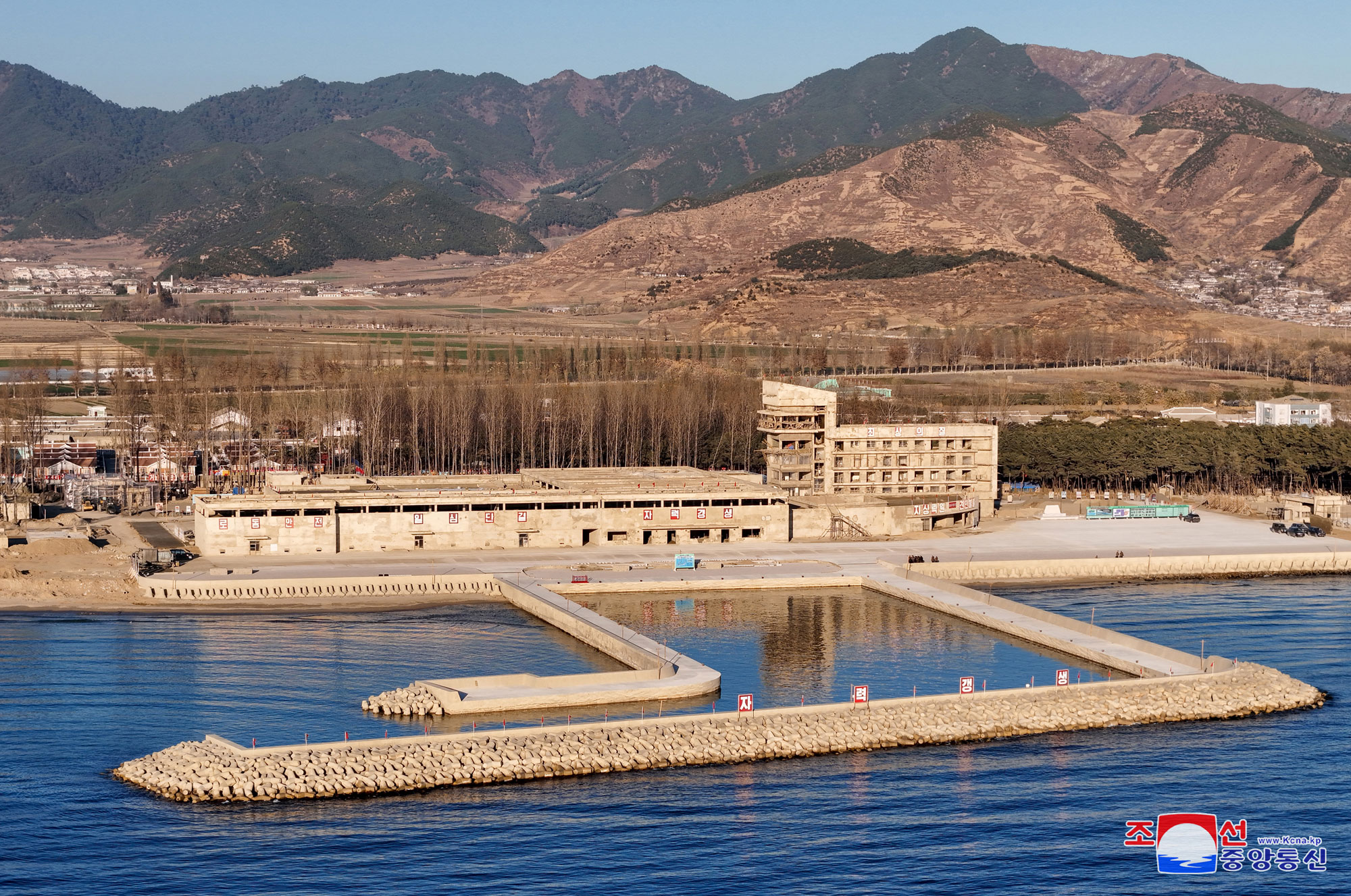 President of State Affairs Kim Jong Un inspects Sinpho City Offshore Farm in South Hamgyong Province under construction 